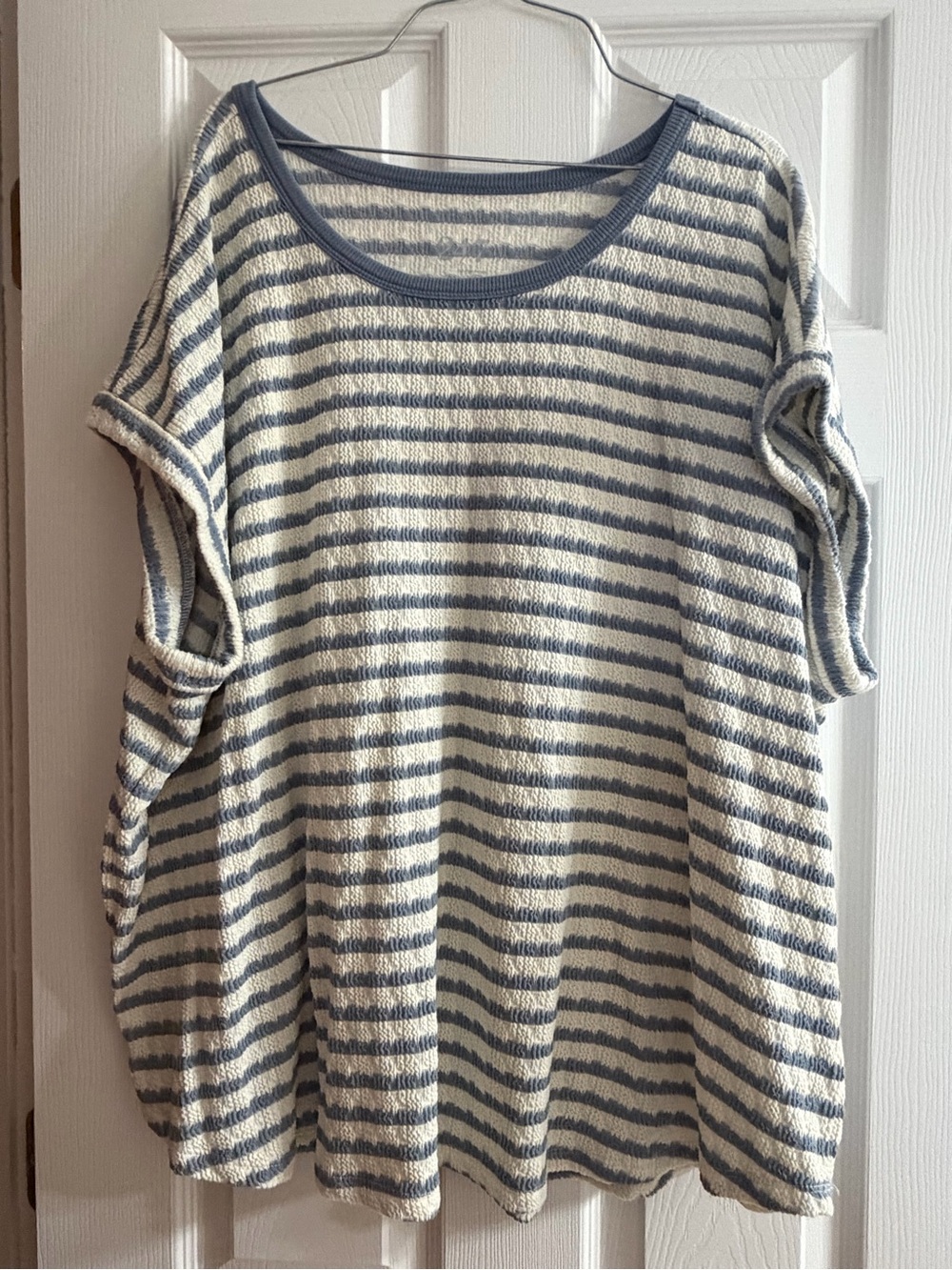 Striped Short-Sleeve Knit Top - Blue & Cream